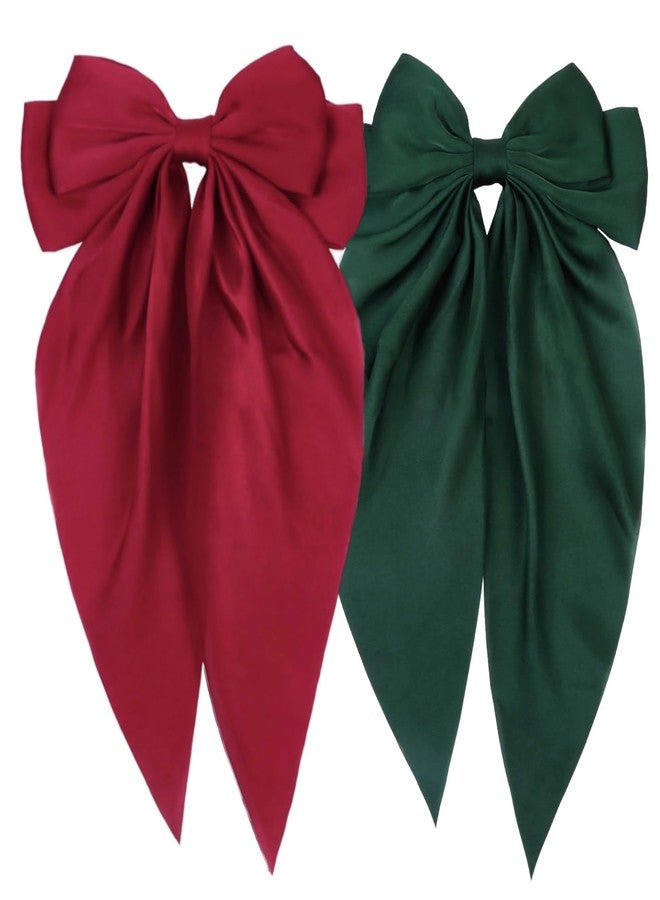 Tobeffect Hair Clips, Hair Bows for Women Girls Silky Satin Big Bowknot Hair Clips Red Green, Hair Accessories, 2 Count - Image 1